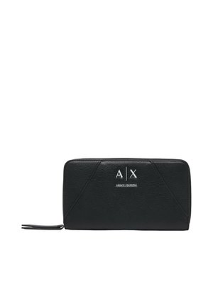 Portafoglio nero con zip e superficie testurizzata, logo A|X Armani Exchange bianco al centro sul davanti e cinturino per polso sul lato sinistro.