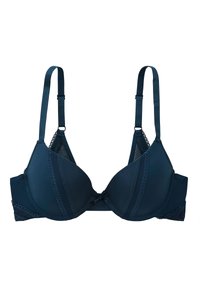 Soutien-gorge rembourré bleu marine avec bretelles réglables, bord en dentelle et finition lisse. Présente un motif rayé subtil sur les bonnets.