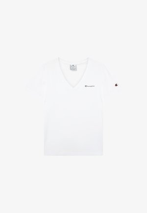 Witte katoenen T-shirt met een V-hals, korte mouwen en het "Champion"-logo in zwart op de linkerborst, met een klein logodetail op de mouw.