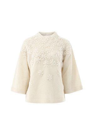 Strickpullover in Off-White mit Dreiviertelärmeln, strukturiertem Muster und floraler Stickerei auf der Vorderseite. Gerippter Halsausschnitt und Bündchen.