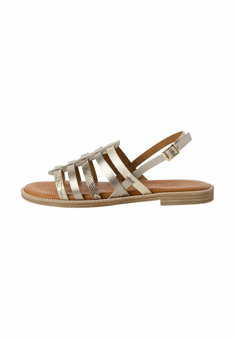 Gold metallic strappy sandals featuring a mix of textures, including smooth and woven patterns, with a tan insole and adjustable ankle strap.