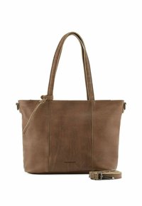 Bruine leren totebag met dubbele schouderbanden, een gladde textuur, ritssluiting en een afneembare strap. Kenmerkt zich door subtiele verticale naden en een logo.