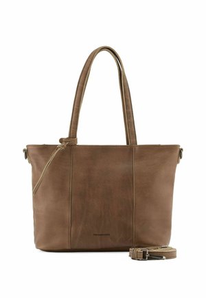 Borsa tote in pelle marrone con doppie tracolle, texture liscia, chiusura con zip e tracolla rimovibile. Presenta cuciture verticali sottili e logo.