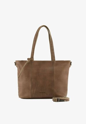 Brown leather tote bag with dual shoulder straps, smooth texture, zipper closure, and detachable strap. Features subtle vertical seams and logo.
