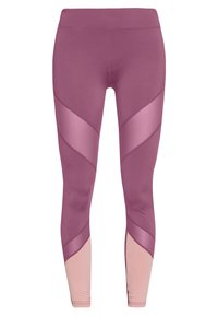 Leggings taille haute en mauve profond, présentant des panneaux texturés en rose clair et des accents en satin, avec des coutures galbantes et un design longueur entière.