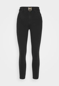 Svarta smala jeans i denim, med hög midja, en glänsande bälte i guldton och klassisk fem-fickors design.