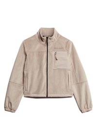 Fleece jacket in light pink with a collar, zip closure, side pockets, and a chest pocket. Elastic cuffs and hem detail.