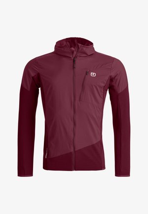 Maroon hooded jacket with full front zipper, chest zip pocket, and contrasting fabric panels on sleeves and lower torso.