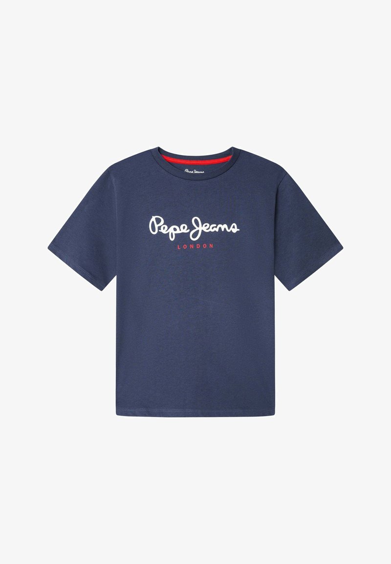 T-shirt bleu marine à manches courtes en coton. Présente un logo "Pepe Jeans" blanc avec "LONDON" en rouge en dessous. Col rond.