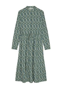 Abito a maniche lunghe in tessuto verde con motivo verticale, dotato di colletto con bottoni, vita con coulisse e orlo svasato.