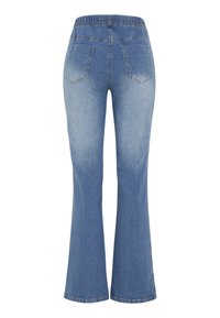 Blå denim jeans med utsvängda ben och elastisk midja, med två bakfickor och en urtvättad effekt. Ren fåll med minimala sömnadsdetaljer.