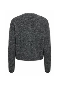 Mörkgrå långärmad textured stickad tröja med rundad halslinning, sedd bakifrån mot en vit bakgrund.