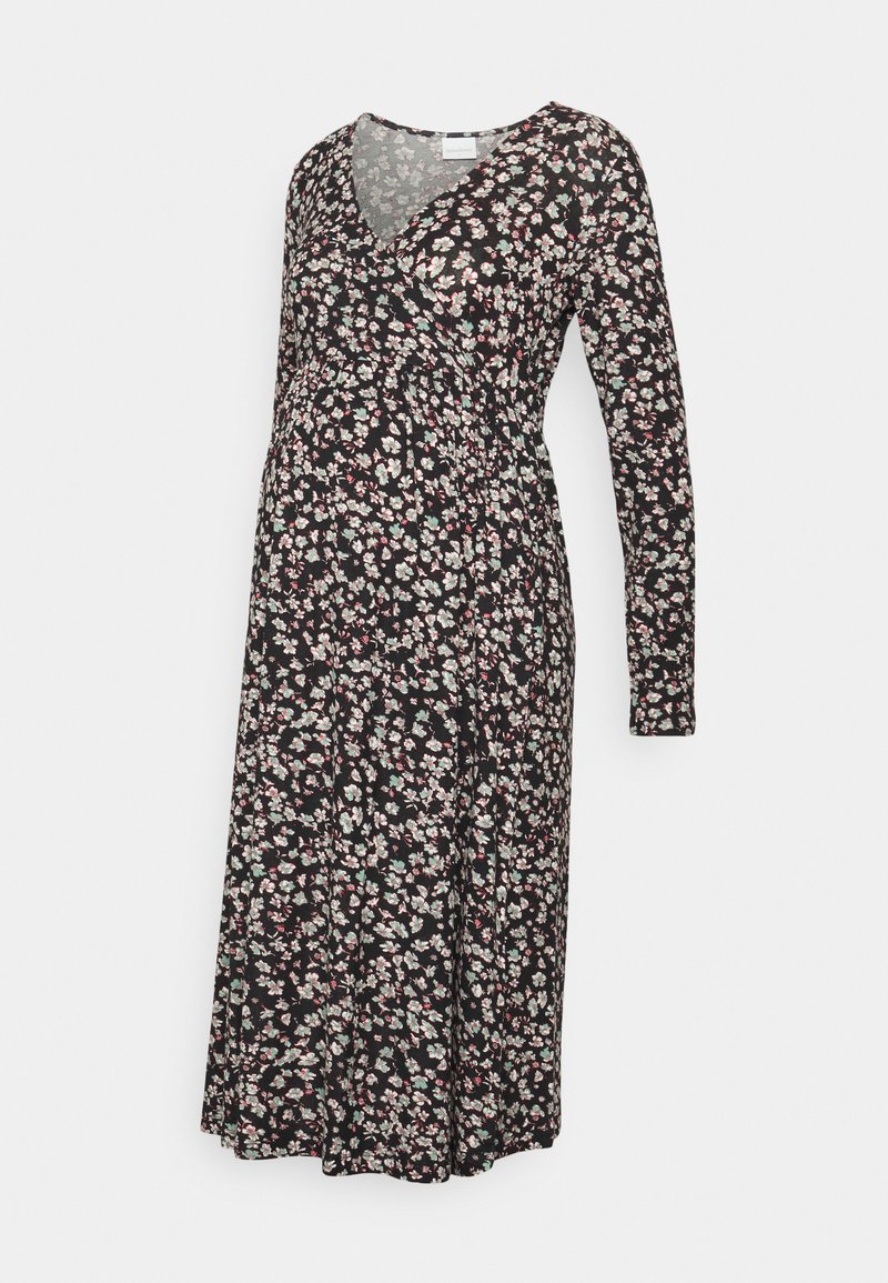 Vestido de maternidade preto com decote em V, mangas longas e estampa floral em rosa e verde. Apresenta um design envolvente para conforto e ajuste.
