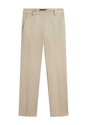 Beige gerade geschnittene Anzughose mit Gürtelschlaufen, Seitentaschen und einer vorderen Bügelfalte.