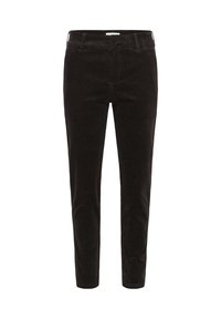 Mustat samettihousut slim fit -leikkauksella, joissa on keski korkealle nouseva vyötärö, etutaskut ja sileä pinta. Yksinkertainen muotoilu, ei näkyvää metalliosaa.