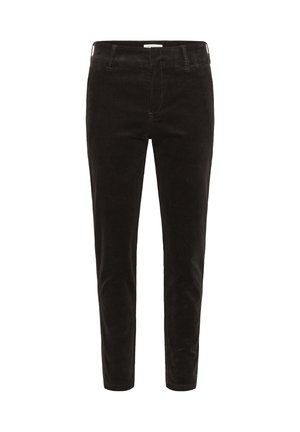 Juodi kordūriniai kelnių su siauru siluetu, vidutinio aukščio juosmeniu, priekinėmis kišenėmis ir lygiu paviršiumi. Paprastas dizainas, be matomų detalių.