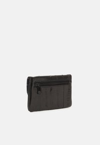 Black faux leather wallet with a textured surface, zippered compartment, and a compact rectangular shape. Features a smooth finish.