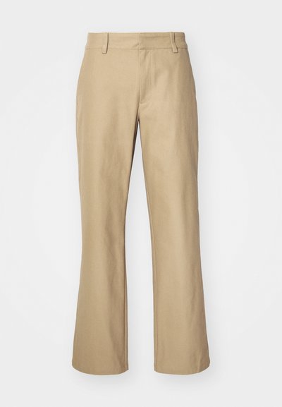 Khaki flared trousers made of lightweight fabric, featuring a flat front, belt loops, and side pockets, designed for casual wear.