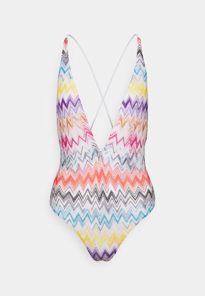 Jednodijelni kupaći kostim u više boja s uzorkom u cik-cak. Ima duboki V-izrez, križane trake i teksturiranu tkaninu.