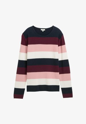 Pruhovaný sveter v námorníckej modrej, burgundskej, ružovej, krémovej a čiernej farbe. Vyrobený z pleteného materiálu s okrúhlym výstrihom a dlhými rukávmi.