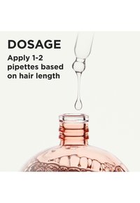 Pipeta transparente dispensando líquido sobre una botella de vidrio redonda de tono rosado, con superficie texturada y cuello estrecho; instrucciones de dosificación visibles.