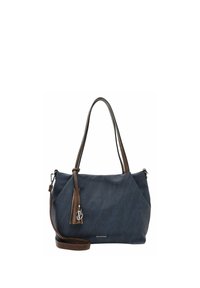 Donkerblauwe handtas met bruine handvatten en afneembare schouderriem, voorzien van een kwastje en een zilveren bedel aan de zijkant.