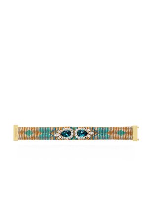 Gold and turquoise beaded bracelet with two large teal teardrop stones surrounded by small clear crystals in the center.