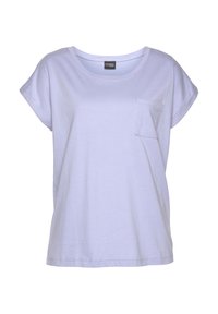 Lila kortearm T-shirt gemaakt van katoen, met een ronde hals en een klein zakje aan de linkerkant. Zachte textuur en een ontspannen pasvorm.
