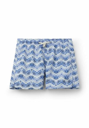 Blå og hvide zigzag-mønstrede badeshorts med elastisk talje og hvid snor på hvid baggrund.