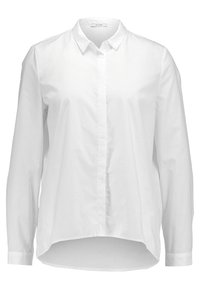 Vit långärmad skjorta med knapp-down krage, framplacket och en något böjd nederkant. Tyget ser slätt ut med en krispig textur.