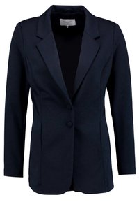 Námorně modrý blazer vyrobený z hladké tkaniny, se zářezovým límcem, zapínáním na jeden knoflík a dvěma předními kapsami. Přiléhavý střih.