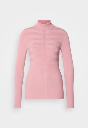 Roze coltrui met ribbeltextuur, voorzien van horizontale streepjes op de voorkant en smal aansluitende lange mouwen.