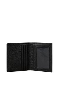 Cartera de cuero negro con acabado texturizado. Cuenta con múltiples ranuras para tarjetas y una ventana transparente para identificación. Diseño plegable, forma compacta.