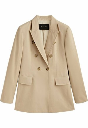 Beiger zweireihiger Blazer mit Kerbkragen, sechs Schildpattknöpfen und aufgesetzten Taschen, taillierte Passform.