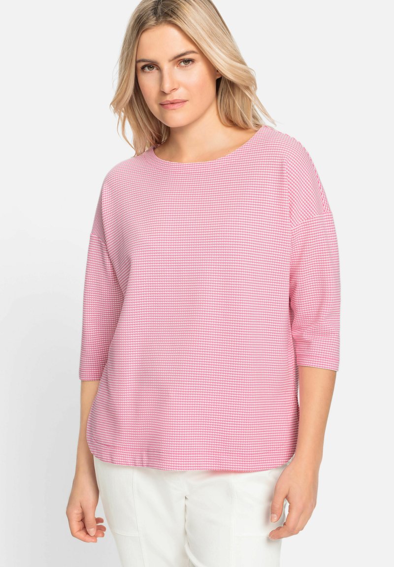 Rosa und weiße kariertes Oberteil mit rundem Ausschnitt und Dreiviertelärmel, aus weichem, strukturiertem Stoff hergestellt. Leicht und locker sitzend.