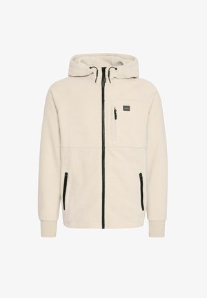 Beige fleece jacket with a hood, featuring a full zip closure, black accents, two side pockets, and a chest pocket with a zipper.