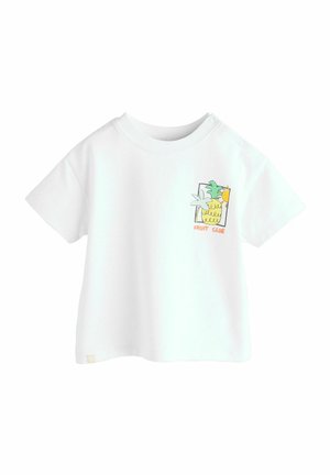 Hvid bomulds T-shirt med korte ærmer, prydet med en farverig ananasillustration og teksten "FRUIT CLUB" i orange og grønne nuancer.