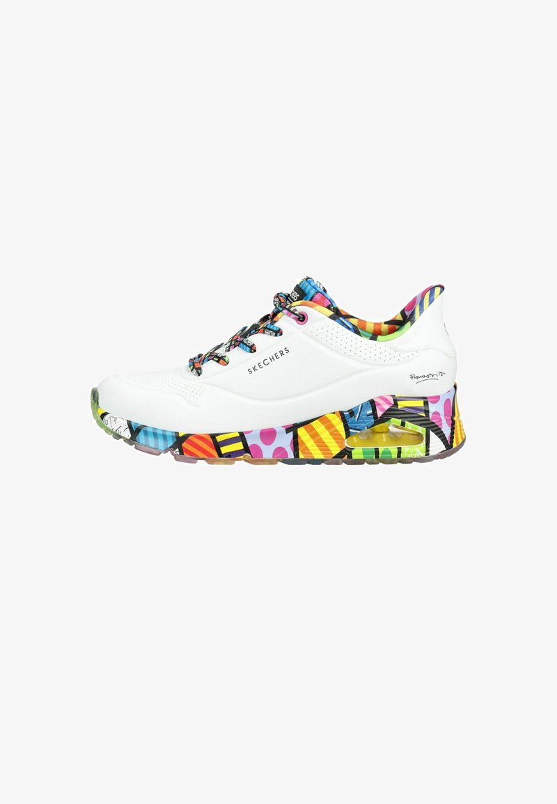 White Skechers sneaker with colorful patterned sole, multicolored laces, and vibrant inner lining featuring geometric shapes and stripes.
