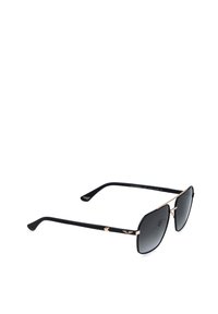 Lunettes de soleil aviateur carrées noires avec pont doré et verres dégradés noirs sur fond blanc.