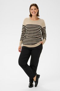 Pull rayé beige et noir à manches longues et col rond, assorti avec un pantalon noir et des chaussures noires brillantes. Texture lisse.