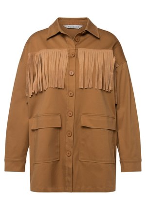 Bruine, langärmelige overhemdjack met een franjerand op de borst, knoopsluiting aan de voorkant en twee grote kiespockets. Gladde textuur.