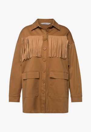 Brun, langærmet skjortejakke med en frynset panel ved brystet, knaplukning foran og to store forlommer. Glat tekstur.