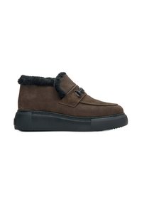 Brown suede ankle boots with a black faux fur collar, featuring a flat black sole and decorative lacing detail on the upper.