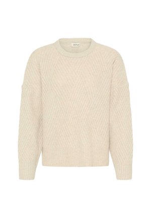 Maglione beige chiaro con una texture a costine a diamante, scollo rotondo e vestibilità leggermente oversize. Maniche lunghe con polsini a costine.