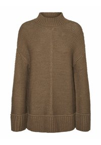 Brun stickad tröja med hög krage, med texturerade mönster, breda ärmslut och en avslappnad passform.