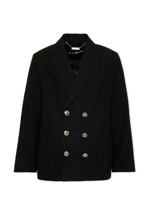 Blazer nero doppiopetto con sei bottoni decorativi dorati e due tasche frontali, con colletto a rever con intaglio.