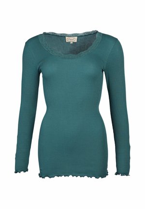 Türkiser langärmliger Pullover aus geripptem Baumwollstoff, mit gewelltem Ausschnitt und Saum, strukturiertem Stoff und einer schmalen Passform.