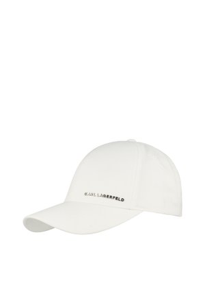 Weiße Baseballkappe mit gebogenem Schirm und "KARL LAGERFELD" in kleinen metallischen Buchstaben auf dem Frontpanel gedruckt.