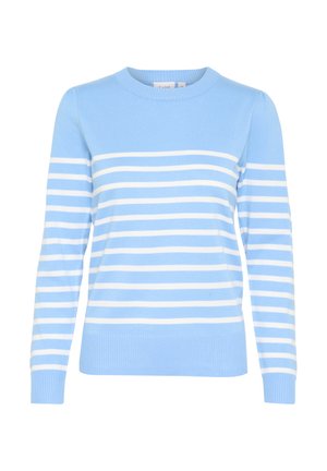 Pull bleu clair avec des rayures blanches horizontales, col rond, manches et ourlet côtelés, fabriqué en tissu tricoté doux.