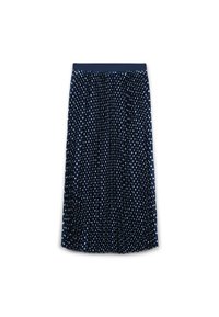 Gonna a pieghe blu navy con pois bianchi. Vita elasticizzata per il massimo comfort. Tessuto leggero con finitura testurizzata.